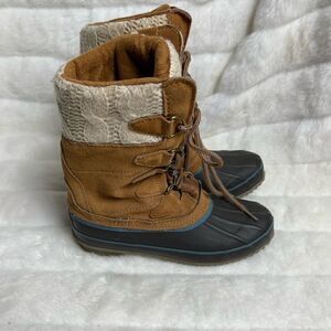 KHOMBU leather brown suede &navy blue rubber duck boots beige knit accent SZ7M